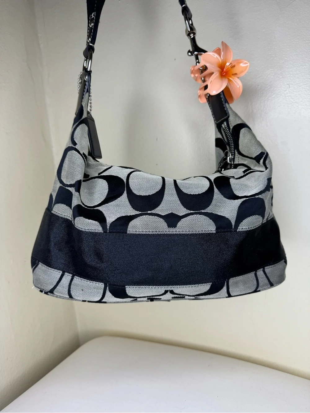 Coach Black & Gray Signature Canvas Shoulder Bag with Leather Trim